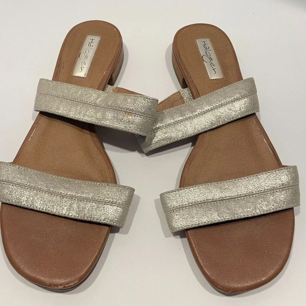 Halogen Gold Metallic Leather Double Strap Slide‎ Sandals